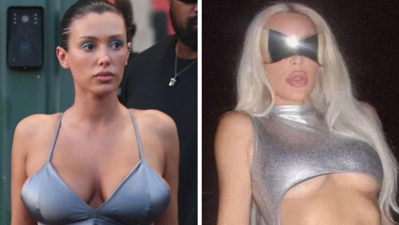 Bianca Censori channels Kim Kardashian in skimpy silver outfit.