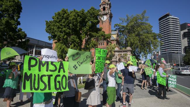 Parents hold a street protest at Somerville House Girls School in Brisbane.