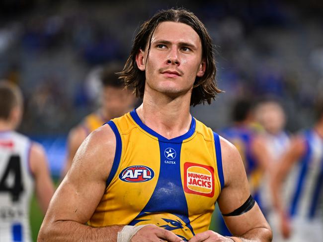 PERTH, AUSTRALIA - JUNE 08: Jai Culley of the Eagles looks dejected after a loss during the 2024 AFL Round 12 match between the West Coast Eagles and the North Melbourne Kangaroos at Optus Stadium on June 08, 2024 in Perth, Australia. (Photo by Daniel Carson/AFL Photos via Getty Images)