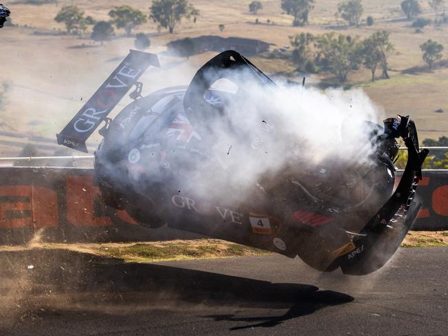 BATHURST, AUSTRALIA - FEBRUARY 02: Stephen Grove driver of the #4 Grove Racing Mercedes-AMG GT3 crashes during the Bathurst 12 Hour at Mount Panorama on February 02, 2025 in Bathurst, Australia. (Photo by Daniel Kalisz/Getty Images)