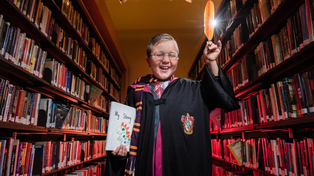 Stephen Tsembas uses Harry Potter as inspiration to conjure up his own story for the Kids News Short Story writing competition at the State Library Victoria. Picture: Jason Edwards