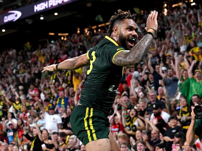 Hamiso Tabuai-Fidow set Suncorp Stadium alight after scoring in the second half against Tonga. Picture: Getty Images