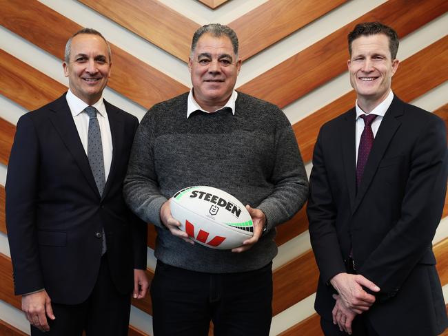 Mal Meninga (C) with NRL CEO Andrew Abdo (L) and Perth Bears CEO Anthony De Ceglie (R). Picture: Matt King/Getty Images