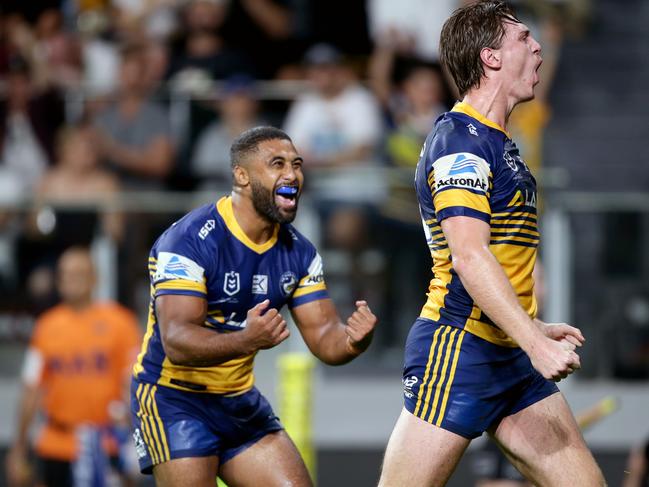 Shaun Lane celebrating a try with teammate Michael Jennings during the NRL match between the Parramatta Eels and Wests Tigers in April. Picture: Jonathan Ng