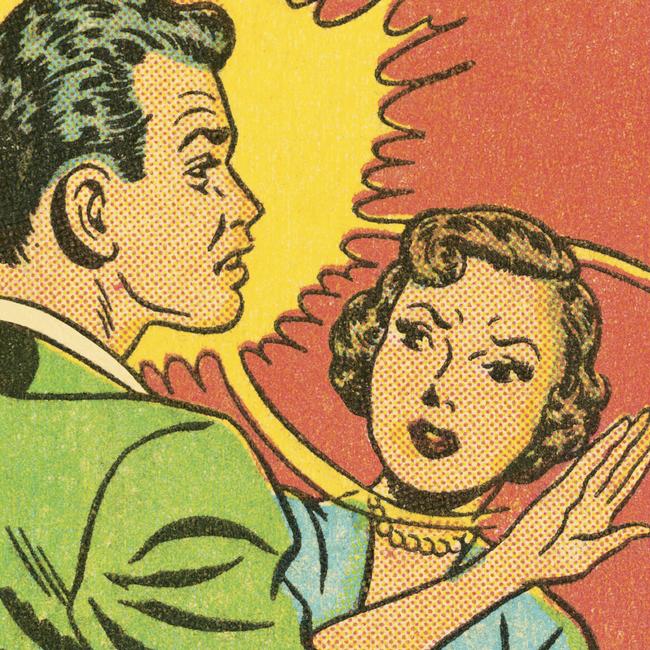 Cartoon of a woman slapping a man in the face.