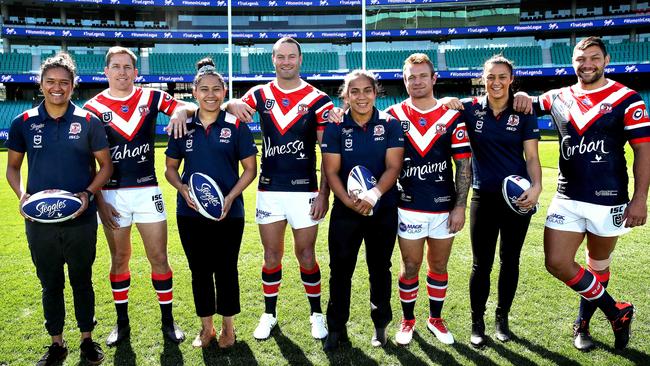 Roosters Zahara Temara, Mitchell Aubusson, Vanessa Foliaki, Boyd Cordner, Simaima Taufa, Jake Friend, Corban McGregor and Ryan Hall for the Women In League Round. Photo: Phil Hillyard