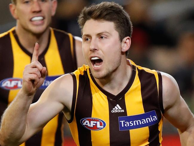 MELBOURNE, AUSTRALIA - JULY 28: Liam Shiels of the Hawks celebrates a goal during the 2017 AFL round 19 match between the Hawthorn Hawks and the Sydney Swans at the Melbourne Cricket Ground on July 28, 2017 in Melbourne, Australia. (Photo by Michael Willson/AFL Media/Getty Images)