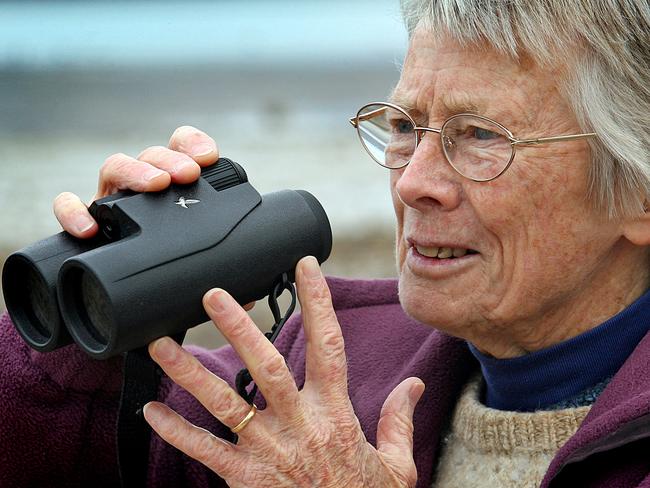 Ornithologist Priscilla Park, 77, consider the matriarch of Tasmanian birdwatching, on the foreshore of Ralphs Bay at Lauderdale