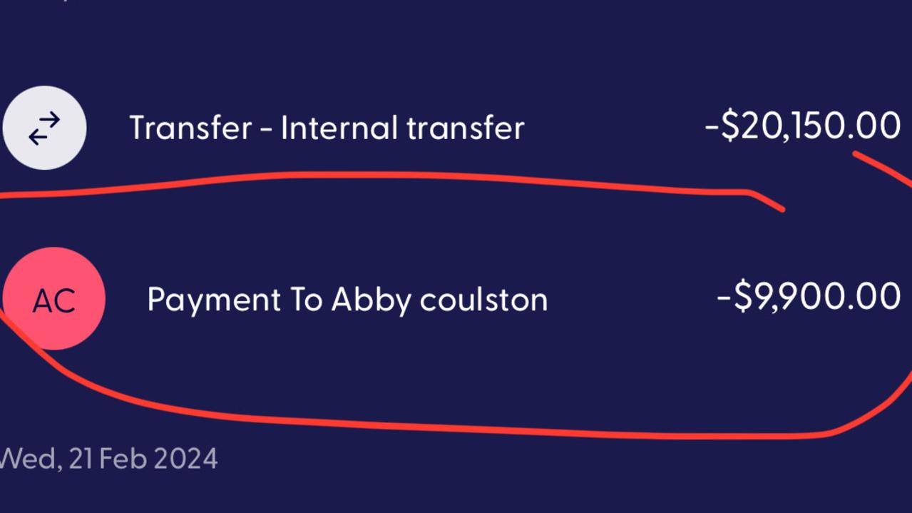 The transfer made to the mystery Abby Coulson – someone she had never heard of. Picture: Supplied