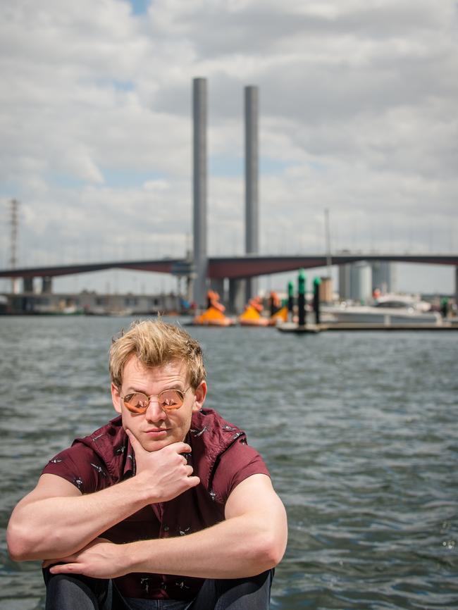 Comedian Joel Creasey in Docklands ahead of the launch of his upcoming book <i>Thirsty</i>. Picture: Eugene Hyland