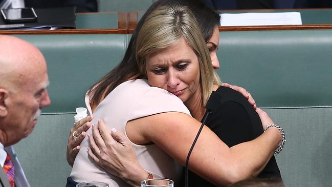 Susan Lamb is comforted after her plea to the Coalition. Picture: Kym Smith