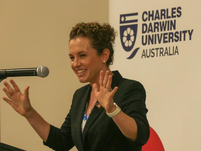 Opposition Leader Lia Finocchiaro speaks at a State of the Union Property lunch. Picture: Glenn Campbell