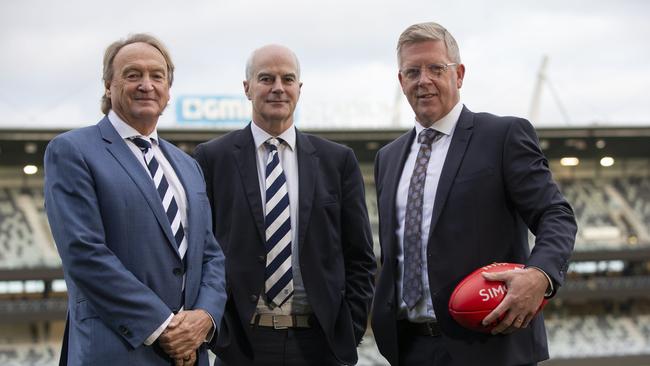 Brian Cook with Cats chairman Craig Drummond and Steve Hocking after Hocking’s appointment at Geelong. Picture: Alan Barber