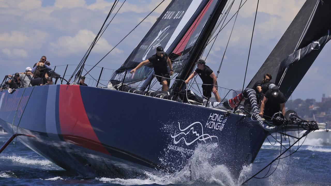 Scallywag, skippered by David Witt, racing down the harbour during the 2021 SOLAS Big Boat Challenge.