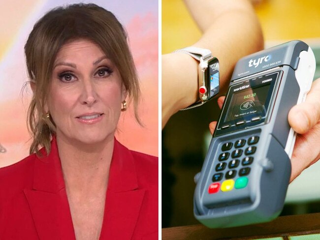 Sunrise host Nat Barr highlighted a major problem with the country going cashless, after the RBA boss warned Aussies might have to a pay a fee to access physical money in the future. Picture: Sunrise