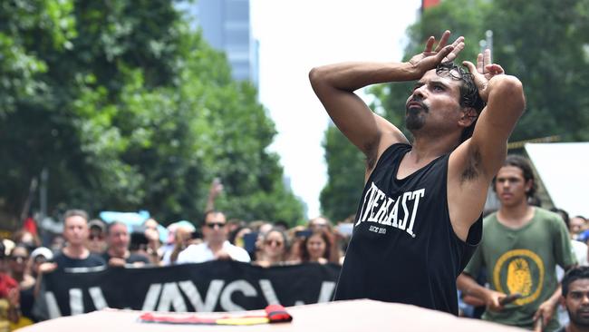 The demonstration organised by activist group Warriors of Aboriginal Resistance seeks to abolish Australia Day as a national holiday. Picture: AAP/James Ross.