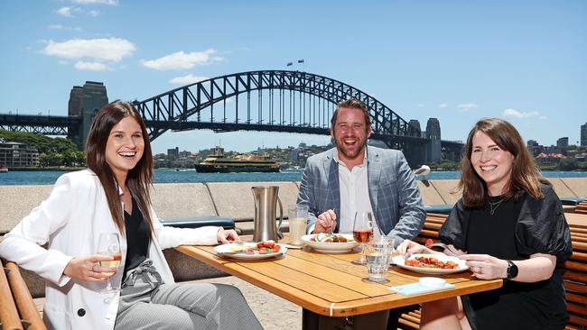 Alexandra O'Neil, Steve Davis and Lisa Rooney at Opera Bar in Sydney which is enjoying solid business despite the COVID-19 pandemic. Picture: Tim Hunter.