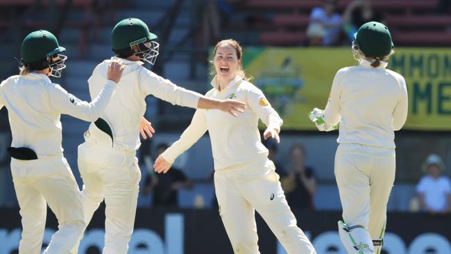 Amanda-Jade Wellington celebrates taking a wicket in her Test debut against England in 2017. Picture: Mark Evans