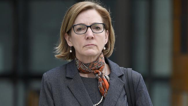 Allianz’s Lori Callahan leaves the royal commission hearings in Melbourne yesterday. Picture: AAP