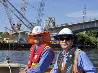 BRIDGE BUILDERS: Aiden Thompson (left) and Greg Nash out at the Grafton bridge project site. Picture: Tim Jarrett