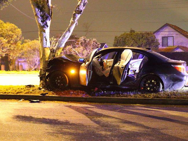 MALVERN EAST, VICTORIA - JUNE 10: The car sustained damaged to the front end as it collided with the tree. (1216) Princes Highway on June 10, 2018 in Malvern East, Victoria. (Photo by Patrick Herve) Fees Exist)