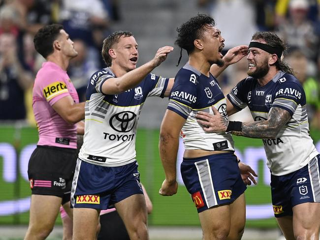 TOWNSVILLE, AUSTRALIA - MAY 10: Jeremiah Nanai of the Cowboys celebrates after scoring a try during the round 10 NRL match between North Queensland Cowboys and Penrith Panthers at Queensland Country Bank Stadium, on May 10, 2025, in Townsville, Australia. (Photo by Ian Hitchcock/Getty Images)