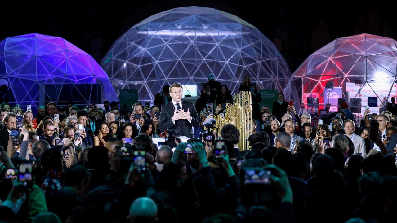 Mr Macron delivers a speech during a closing event for the first day of the Artificial Intelligence (AI) Action Summit. Picture: Ludovic Marin/AFP