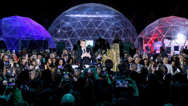 Mr Macron delivers a speech during a closing event for the first day of the Artificial Intelligence (AI) Action Summit. Picture: Ludovic Marin/AFP