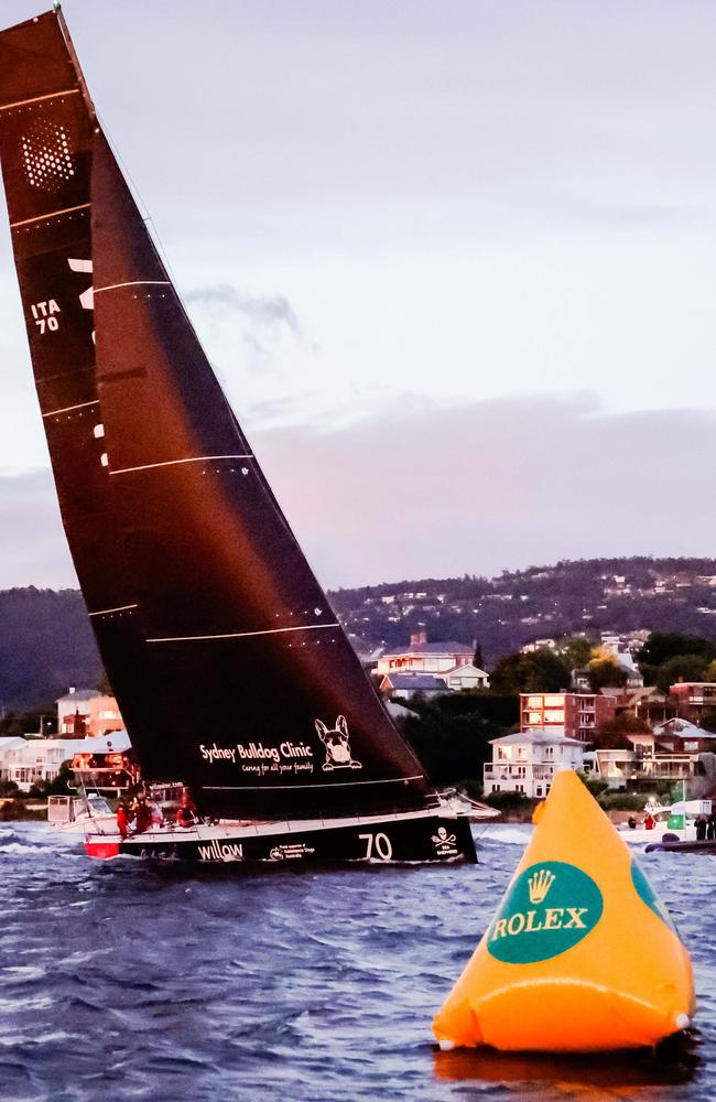 Celestial V70 crosses the finish line in the River Derwent Sydney to Hobart 2024. Picture: CYCA/Salty Dingo