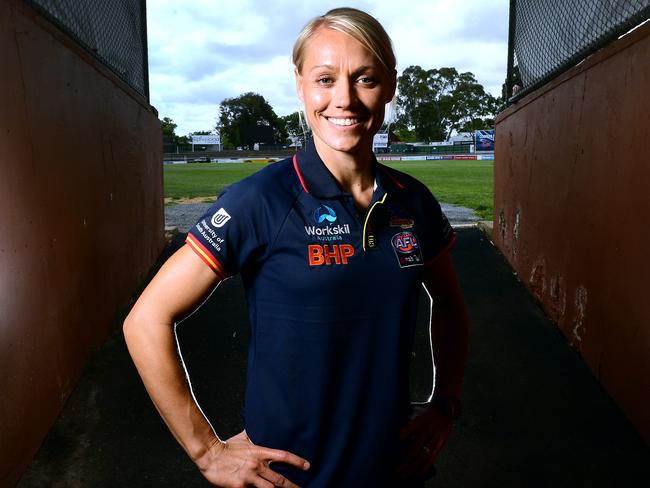 Crows superstar player Erin Phillips in the tunnel at Coopers Stadium, Norwood. She has declared herself fit and has returned to full training. Photo: AAP/Mark Brake