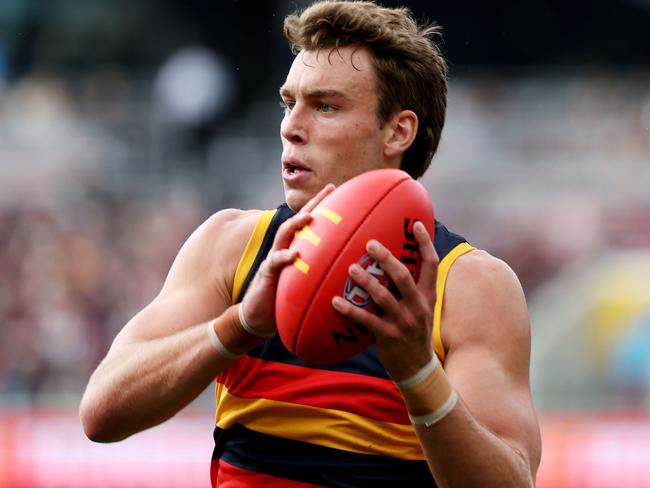 ADELAIDE - APRIL 08: Riley Thilthorpe of the Crows marks the ball during the 2023 AFL Round 04 match between the Adelaide Crows and the Fremantle Dockers at Adelaide Oval on April 8, 2023 in Adelaide, Australia. (Photo by James Elsby/AFL Photos via Getty Images)