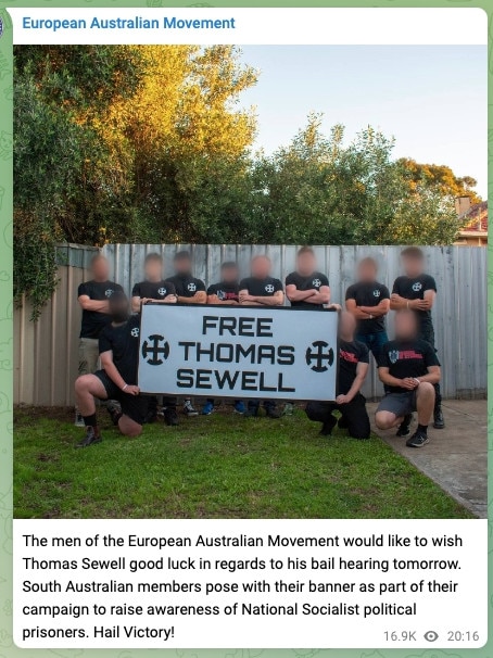 Another shows members holding a banner in support for neo-Nazi leader Thomas Sewell. Picture: Telegram