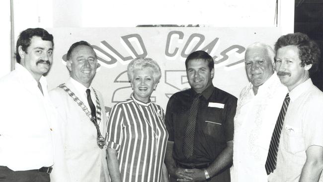 Mrs Diamond pictured in the mid-1980s with Ald Keith Thompson, Mayor Ald Denis O'Connell, Ald Lester Hughes, Ald John Laws and Ald Trevor Coomber. Supplied photo.