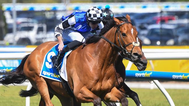 Herman Hesse surges to victory in the Herbert Power Stakes at Caulfield. Picture: Pat Scala/Racing Photos via Getty Images