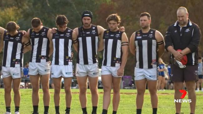 Adelaide Hills footballers wore black armbands to mark Anzac Day and for Antonio Loiacono on Tuesday. Picture: 7NEWS Adelaide