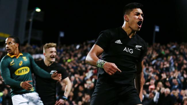 Rieko Ioane celebrates New Zealand’s first try during their record rout over the Springboks.