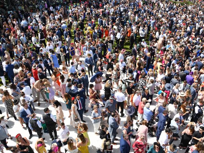 General view of crowd during race 7, the Lexus Melbourne Cup, during Melbourne Cup Day, at Flemington Racecourse in Melbourne, Tuesday, November 5, 2019. (AAP Image/Vince Caligiuri) NO ARCHIVING, EDITORIAL USE ONLY