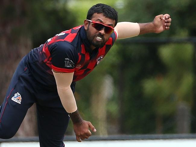 VTCA: Keilor v Haig Fawkner: Viraj Lakshitha of Haig Fawkner bowling on Saturday, December 4, 2021 in Keilor, AustraliaPhoto: Hamish Blair