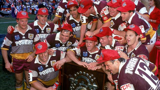 The Broncos celebrate in their 1992 jersey.  Picture: Getty Images