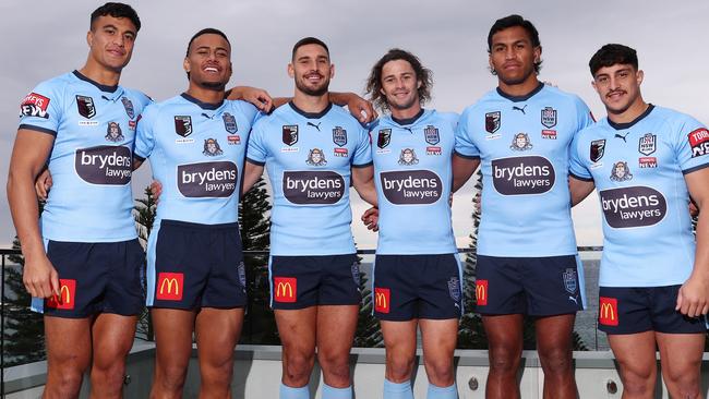 Blues debutants (L-R) Joseph Suaalii, Stephen Crichton, Ryan Matterson, Nicho Hynes, Jacob Saifiti and Kotoni Staggs. Picture: Mark Metcalfe/Getty Images