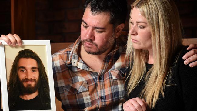 The parents of Jaiden Walker, Jon and Heidi Walker with a photograph of their 22-year-old son Jaiden, who died after being punched outside a Melbourne bar last year. The fact is, men are more likely to be victims of violence than women, with the perpetrators overwhelmingly likely to be men. (Pic: Tony Gough)