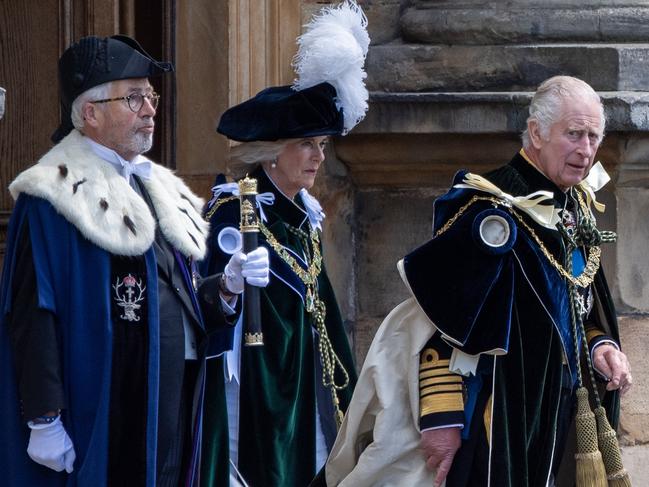 King Charles and Queen Camilla leave the historic ceremony. Picture: Getty Images