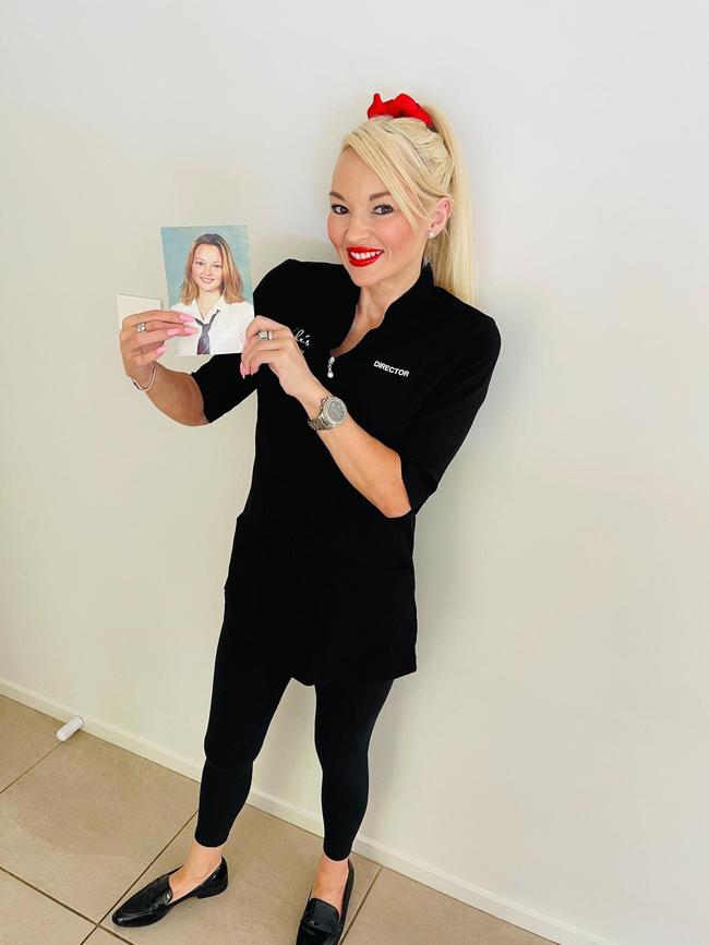 Brooke Flanagan with a photo of herself in Year 12 after opening at Thomas Reddall High School