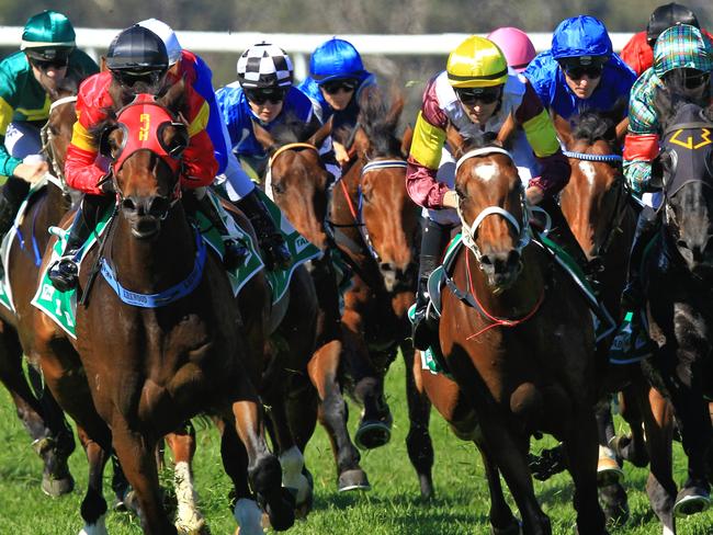 Loving home ridden by Tye Angland  (yellow cap, maroon with yellow armbands) wins race 1 during Scone  Races located in the Upper Hunter Region of NSW. The Bend . Pic Jenny Evans