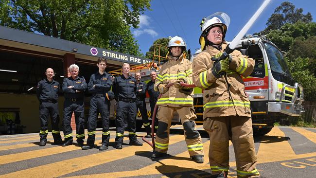 Stirling CFS crew Matt Williams, Hank Van Kaathoven, Kieran Williams, Tom Fairbrother, Matt Jones, Michael Wild, Nick Barker and Liz Raymond are ready for the bushfire season, which starts for the Adelaide and Mt Lofty ranges on Wednesday. Picture: Keryn Stevens
