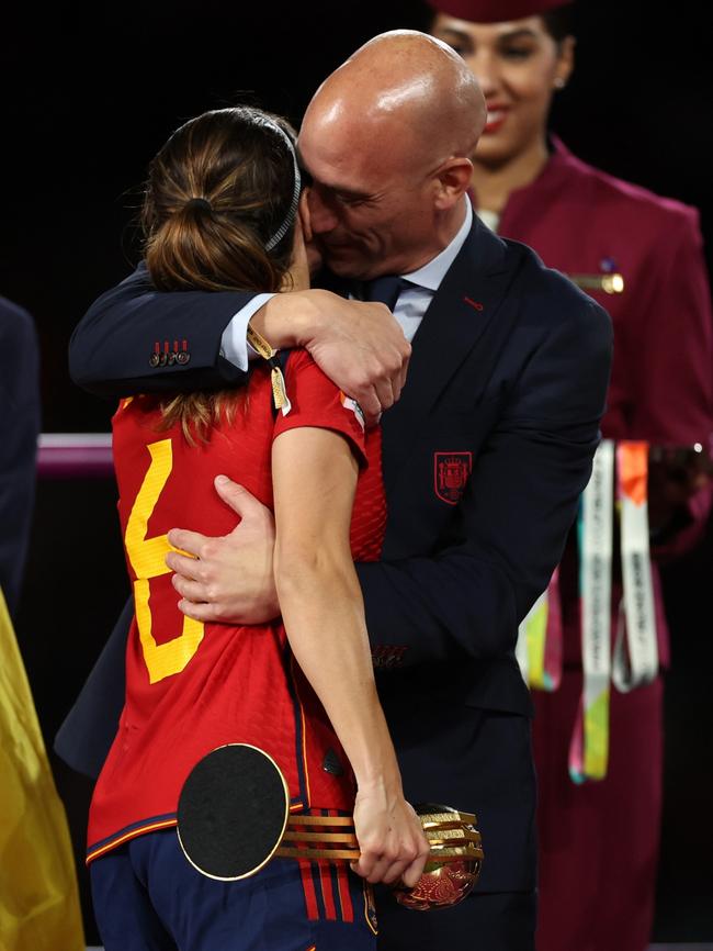 Bonmati was also embraced by Rubiales after the World Cup final. (Photo by Catherine Ivill/Getty Images)