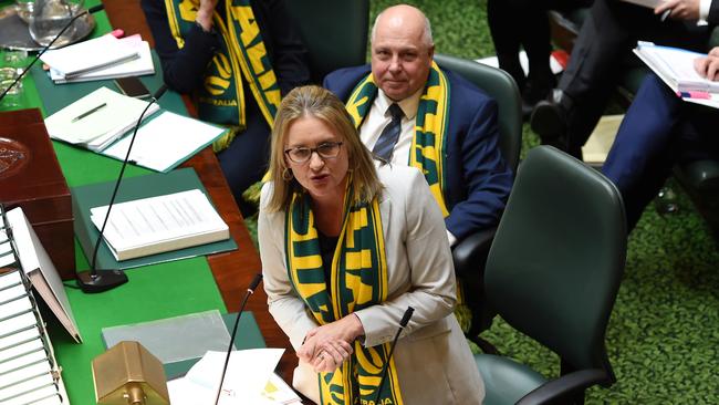 Deputy Premier Jacinta Allan wearing a Matildas scarf during Question Time at Parliament House. Picture: Nicki Connolly
