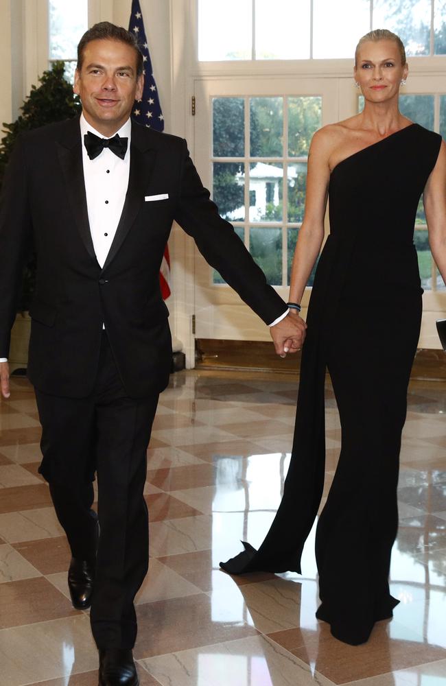 Lachlan Murdoch, left, and wife Sarah Murdoch arrive for a State Dinner. Picture: AP