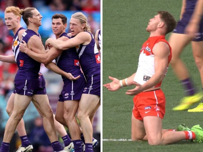 Taylor Adams (right) reacts after giving away a 50m penalty. Photos: Getty Images/Fox Sports