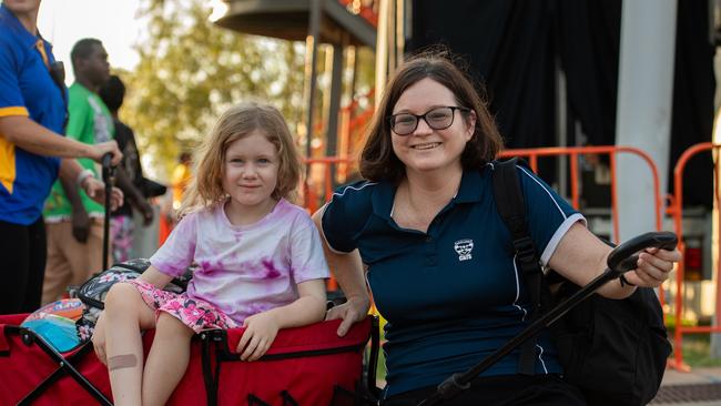 Paula and Kauren Hawthorne at the Gold Coast Suns vs Geelong Cats Round 10 AFL match at TIO Stadium. Picture: Pema Tamang Pakhrin